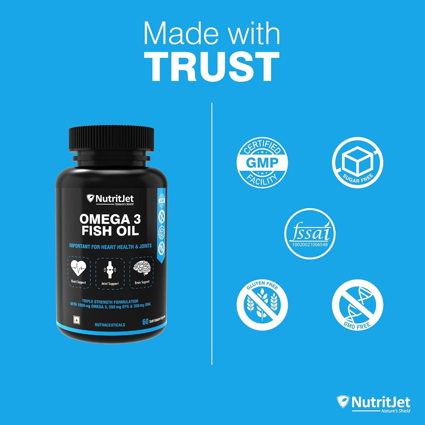 NutritJet Omega 3 Fish Oil 1000mg High Strength with 550 mg EPA and 350 mg DHA for Healthy Heart, Joint Care, Better Skin & Bones Health - 60 Softgels
