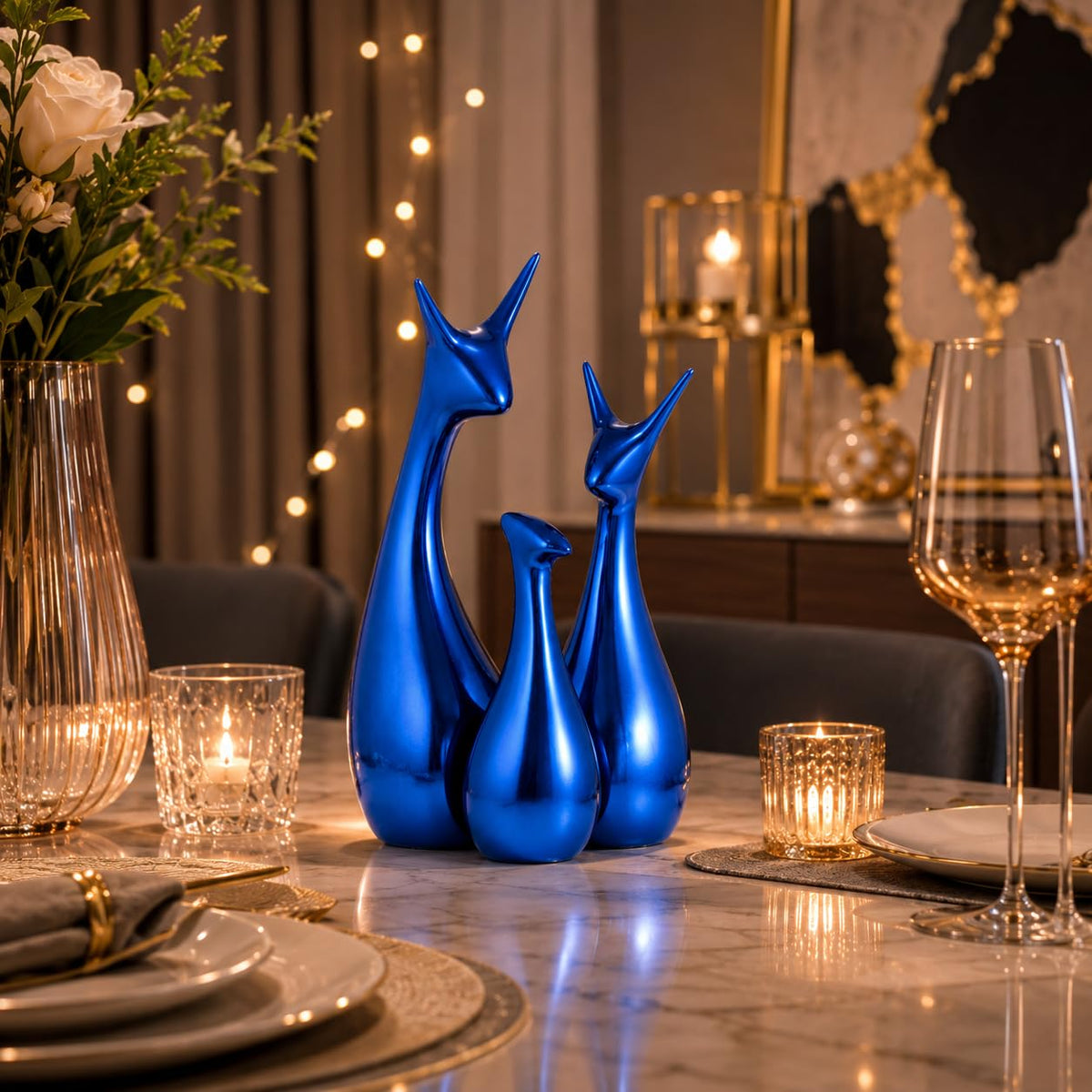Muted Matte Metallic Blue Home Decor Lucky Deer Family Ceramic Figurine (Set of 3, Blue)