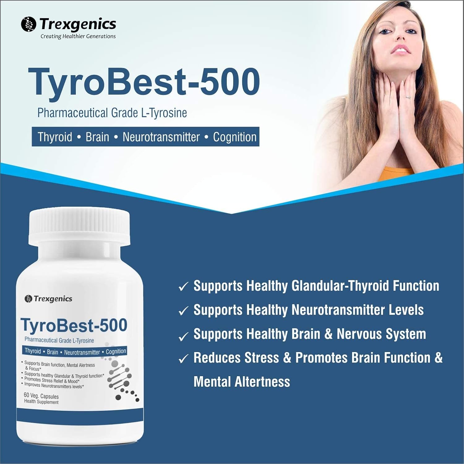 TyroBest-500 supplement bottle with a woman touching her neck on a blue and white background