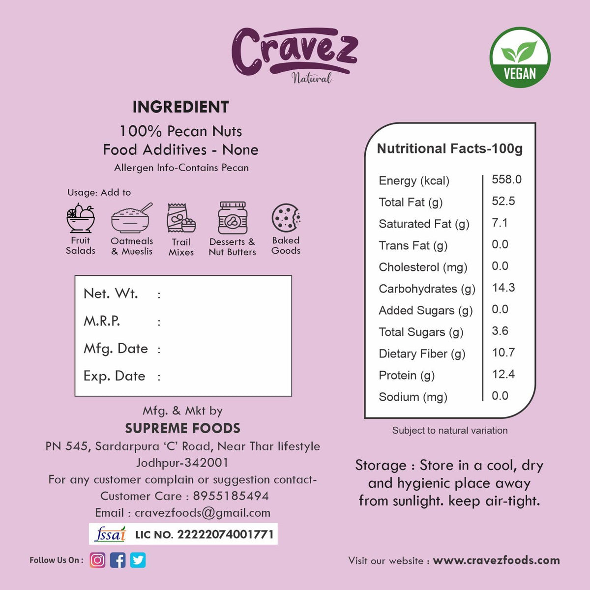 cravez Natural Usa Pecan Nuts (Grade A ++ Nuts, Premium Size, Imported) - Excellent Source Of Phenolic Antioxidant - Packed In Reusable Premium Jar - Dried