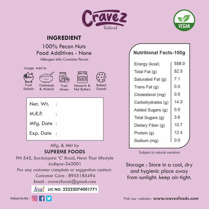 cravez Natural Usa Pecan Nuts (Grade A ++ Nuts, Premium Size, Imported) - Excellent Source Of Phenolic Antioxidant - Packed In Reusable Premium Jar - Dried