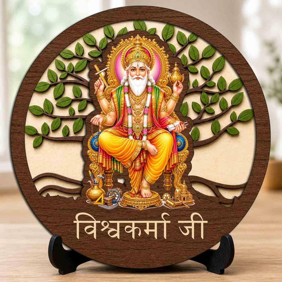 Plan To Gift Vishwakarma Ji Table Top Wooden Idol/Murti for Mandir Decoration, Office Desk & Festive Gift - 5x5 Inch
