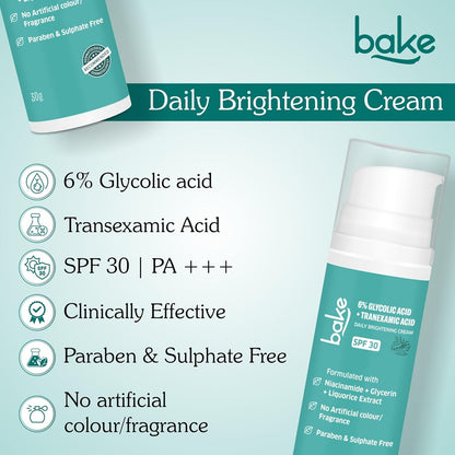 BAKE 6% Glycolic Acid Cream with Niacinamide for Pigmentation, Dark Spots & Tan Removal | Daily Brightening Cream | Improves Uneven Skin Tone & Reduces Sun Damage | For Men & Women | 30g