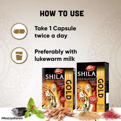 DABUR Shilajit Gold - 20 Capsules | 100% Ayurvedic Capsules for Strength , Stamina and Power | Premium Ayurvedic Supplement | For Men
