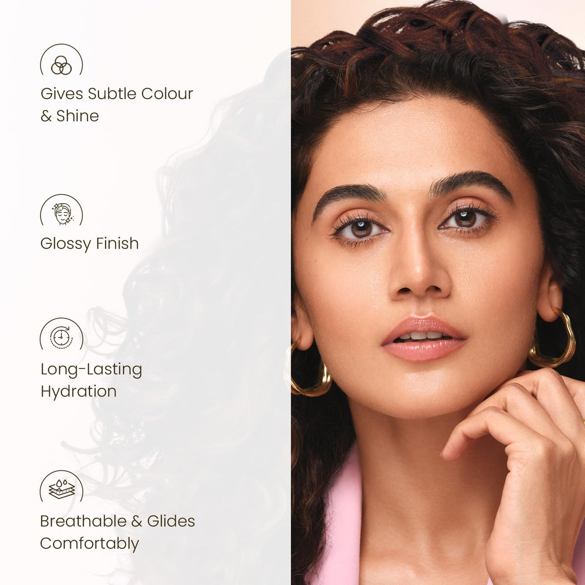 Woman with makeup and text highlighting features on a beige background