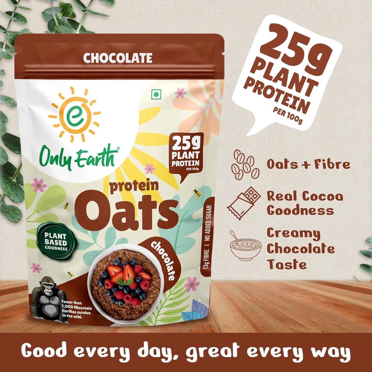 Only Earth Protein Oats | Chocolate | High Protein Instant Oats | 24g Plant Protein | High Fibre | Dairy-Free | No Added Sugar | With Pea Protein, Cocoa & Seeds | Easy Breakfast | 350g