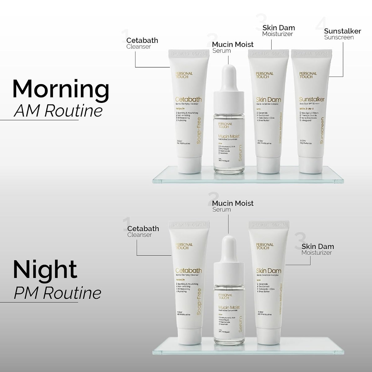 Personal Touch Complete Trial Kit – Dry Defence Therapy for Dry & Sensitive Skin | Cetabath Face Cleanser, Snail Mucin Serum, Skindam Barrier Repair Moisturizer & SPF 50 Sunscreen