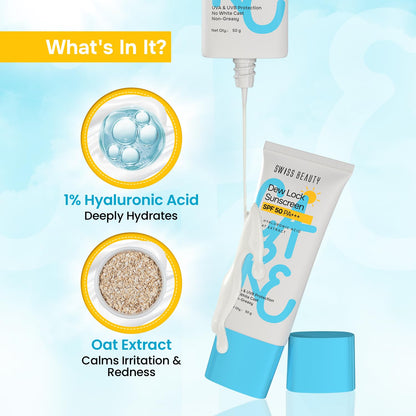Swiss Beauty Care Dew Lock Sunscreen | SPF 50 PA+++ Broad-Spectrum Protection | No White Cast | With 1% Hyaluronic Acid | 50g