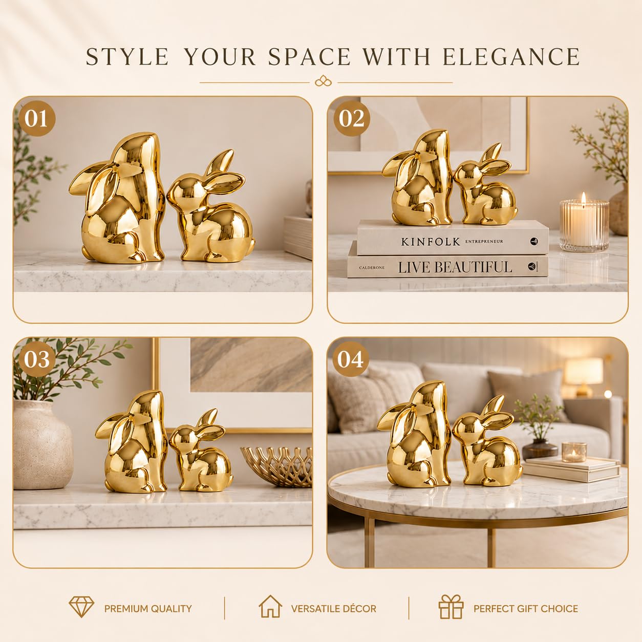 Street27 Ceramic Rabbit Figurines Set of 2, Gold Decorative Bunny Statues for Home Decor, Small Modern Animal Showpieces for Living Room, Bedroom, Office Desk, Shelf Decoration, Glossy Finish