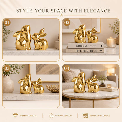 Street27 Ceramic Rabbit Figurines Set of 2, Gold Decorative Bunny Statues for Home Decor, Small Modern Animal Showpieces for Living Room, Bedroom, Office Desk, Shelf Decoration, Glossy Finish