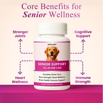 Petroyale Senior Support Dog Supplements – All-in-One Senior Dog Supplements for Mobility, Hip & Joint, Brain, Heart & Eye Health – Immune Support Vitamins (Dog Senior Support 30 Soft Chews)