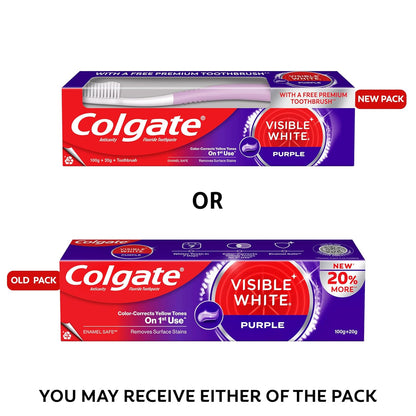 Colgate Visible White Purple Toothpaste and Toothbrush for Teeth Whitening, Helps Remove Surface Stains, Whitens Yellow Teeth, Enamel-Safe for Daily Use, 120g