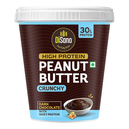 DiSano High Protein Dark Chocolate Peanut Butter with Whey Protein, Crunchy | 30g Protein. Gluten Free, Post & Pre Workout snack