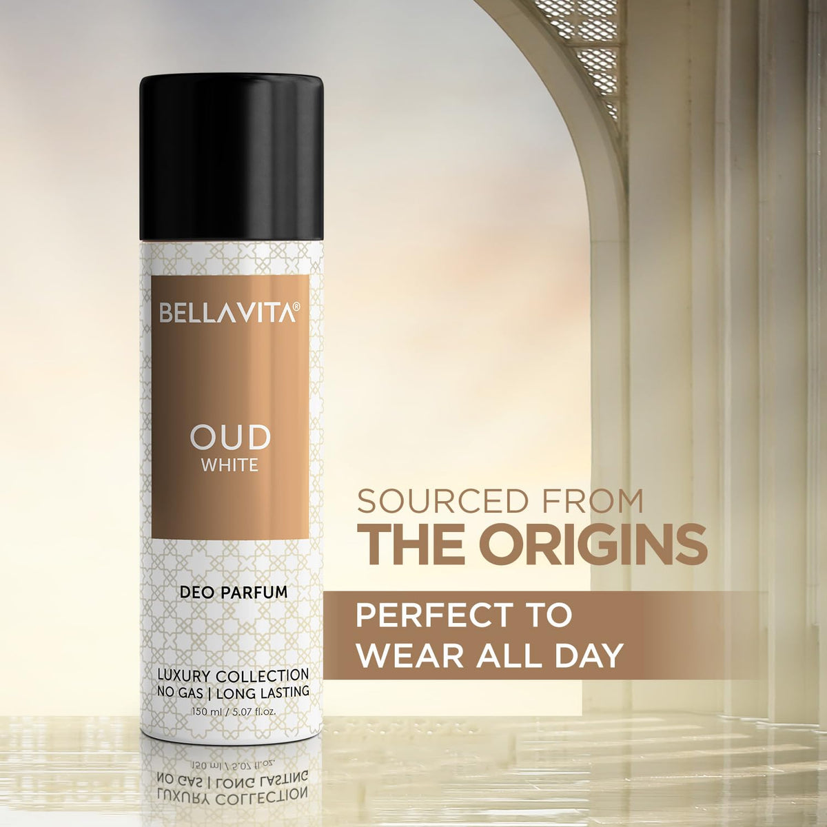 Bellavita Oud White deodorant spray bottle with architectural background