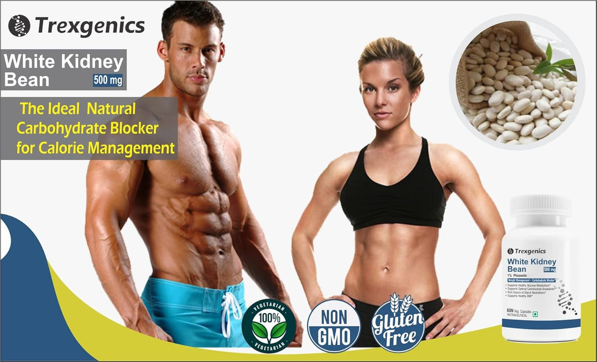 Advertisement for Trexegenics White Kidney Bean supplement with a man and woman, and close-up of beans.