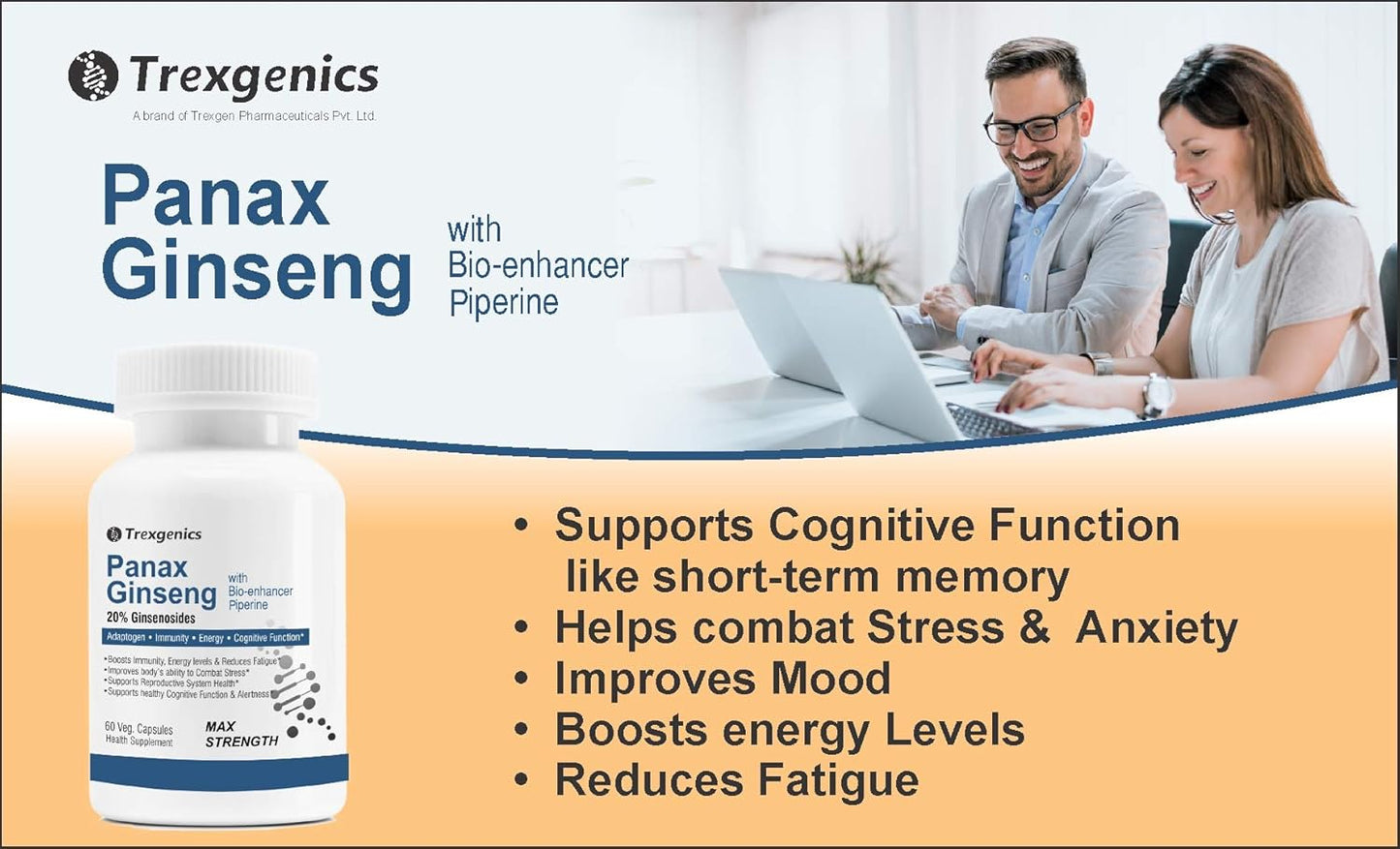Advertisement for Trexegenics Panax Ginseng with a bottle of the product and text highlighting its benefits.