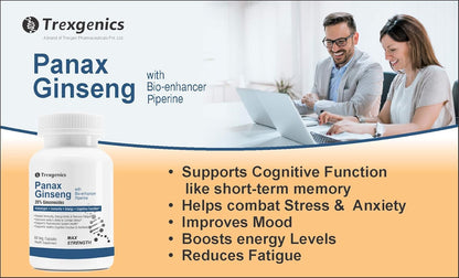 Advertisement for Trexegenics Panax Ginseng with a bottle of the product and text highlighting its benefits.