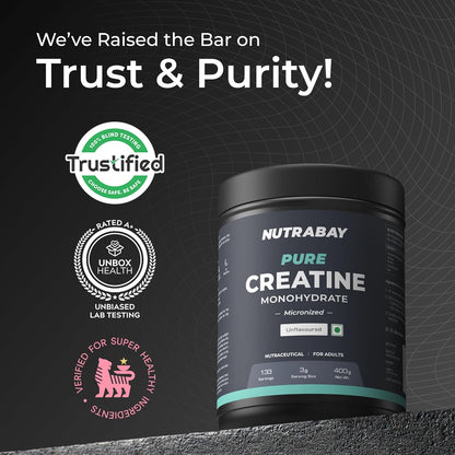 NUTRABAY Pure Creatine Monohydrate container with certification logos on a dark background
