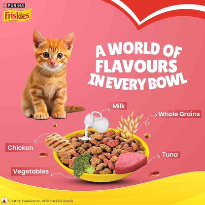 Purina Friskies Kitten Discoveries, Dry Food for Kitten, 400g Pack | With Tuna, Chicken, Milk, Vegetables & Whole Grain Flavours, 100% Complete & Balanced Kitten Nutrition, DHA, Calcium, Protein