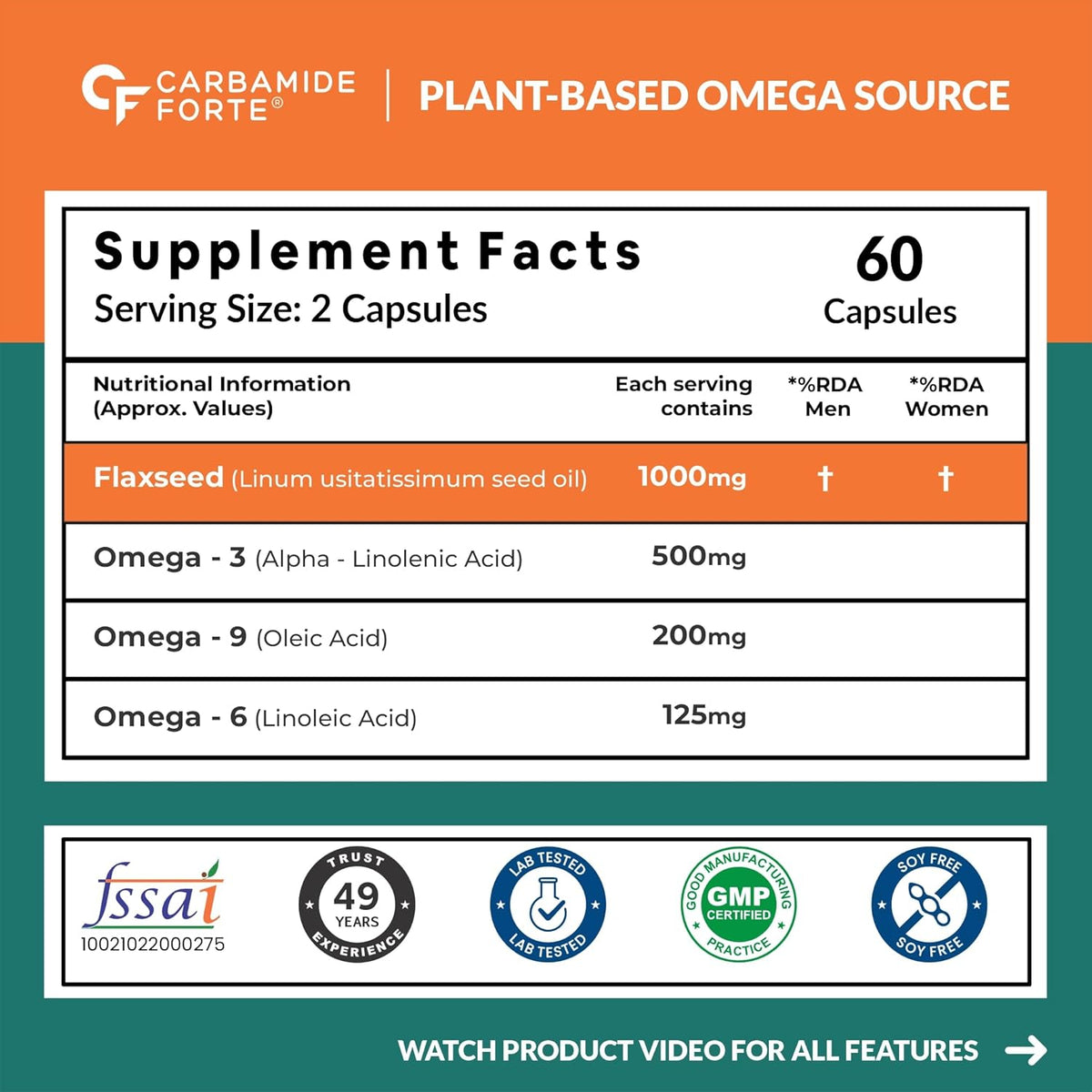Carbamide Forte Flaxseed Oil Capsules – 1000mg Cold Pressed | omega 3 vegetarian capsules | flax seed oil with Omega 3, 6 & 9 | No Fishy Burps | Supports Heart Health, Joints & Digestion - 60 Capsules
