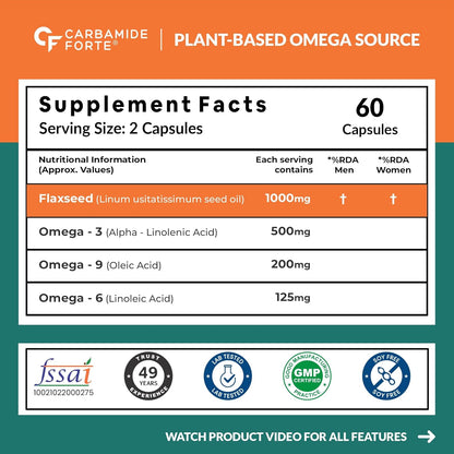 Carbamide Forte Flaxseed Oil Capsules – 1000mg Cold Pressed | omega 3 vegetarian capsules | flax seed oil with Omega 3, 6 & 9 | No Fishy Burps | Supports Heart Health, Joints & Digestion - 60 Capsules