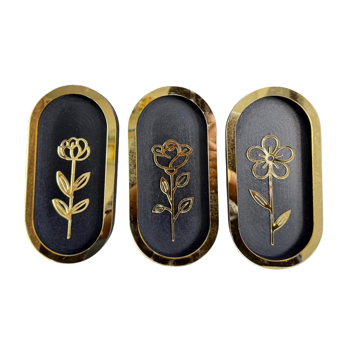 Pack of 3 Floral Wall Art with Black & Golden Wood Base Flower Cutouts Decor for Living Room Bedroom