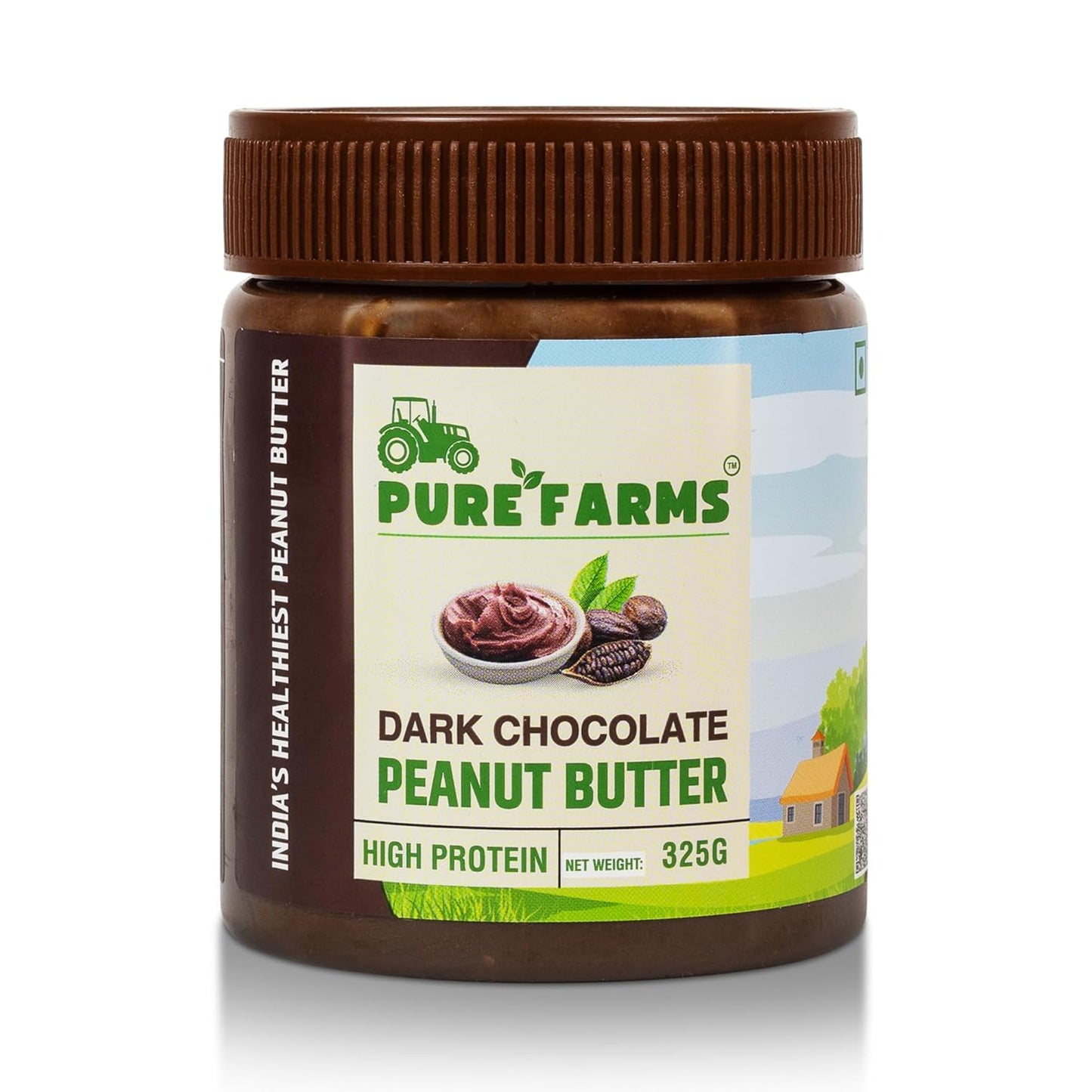 PURE FARMS Dark Chocolate Peanut Butter | Crunchy Chocolate Peanut Butter Spread | 22g Protein, Pure Cocoa | 80% Roasted Peanuts, No Hydrogenated Oil