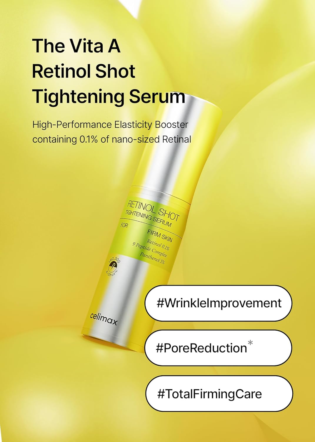 Celimax The Vita-A Retinol Shot Tightening Korean Face Serum - 30ml | 0.1% Retinol + 9 Peptides + 1% Panthenol + Niacinamide | Pore Minimizing, Wrinkles & Fine Lines | Firmer Skin, Anti-Aging, Skin Smoothing K-Beauty
