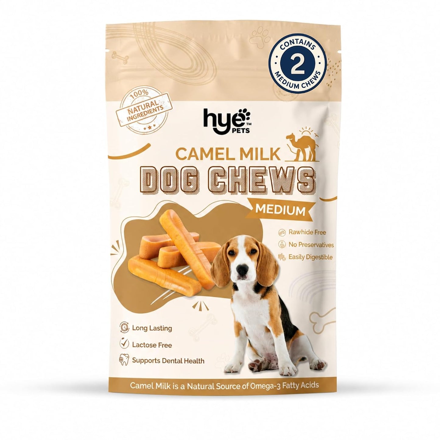 HYE Pets Camel Milk Dog Chews, Rawhide Free Long Lasting Dental Chews, High Protein Natural Dog Treats | Omega-3 Rich & Easily Digestible, Medium - 2 Chews