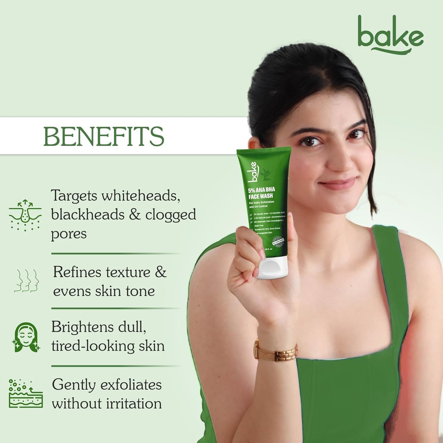 BAKE 5% AHA BHA Face Wash with 1.5% Salicylic Acid, 2% Glycolic Acid & 1% Mandelic Acid for Open Pores, Acne & Dark Spots | For Oily Acne Prone Skin | Daily Exfoliation & Oil Control - 100ml