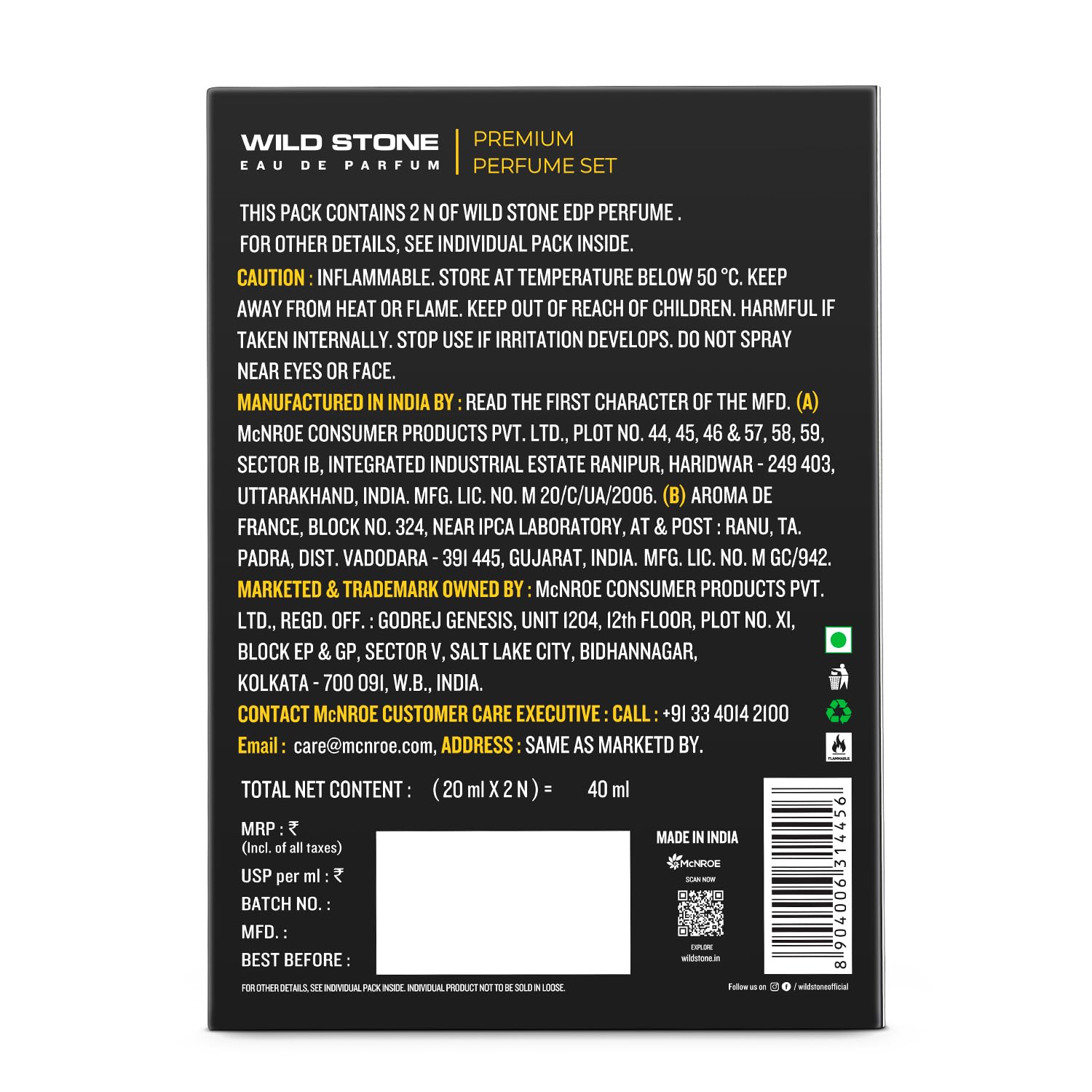 Back of a Wild Stone perfume packaging with text and branding.
