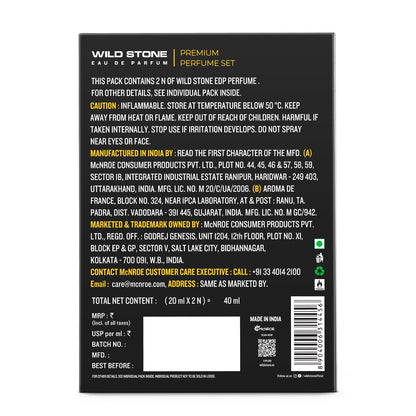 Back of a Wild Stone perfume packaging with text and branding.