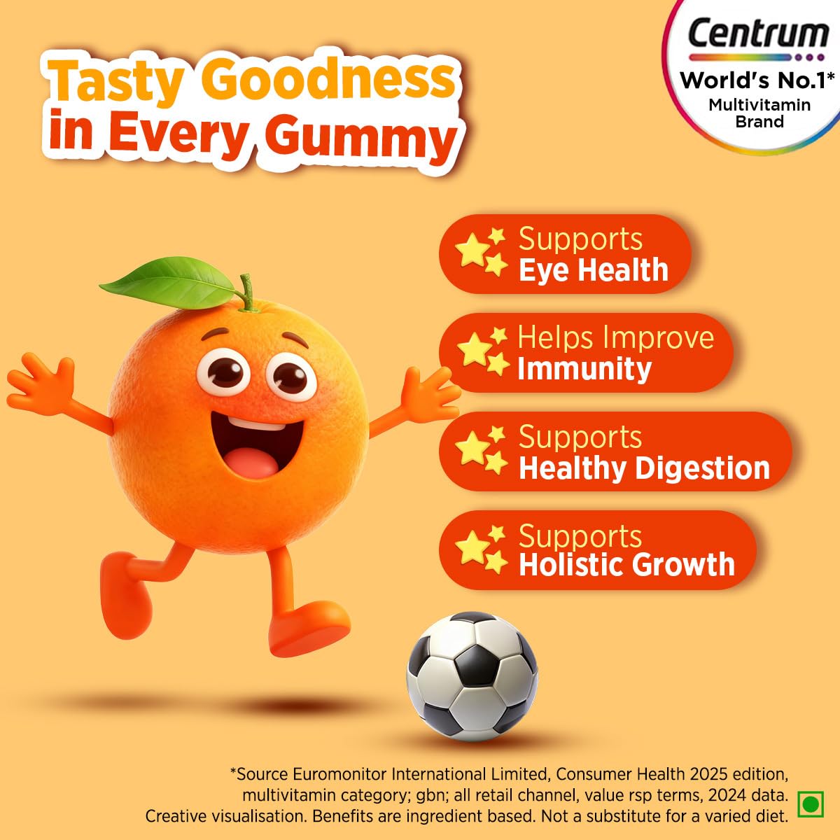 Centrum Kids- Multivitamin Gummies for Kids | Non-Habit Forming | With Zinc, Vitamin B, C, D for Overall Growth, Healthy Digestion, Eye Health, Immunity | Tasty Orange Flavour | Veg - 50 gummies
