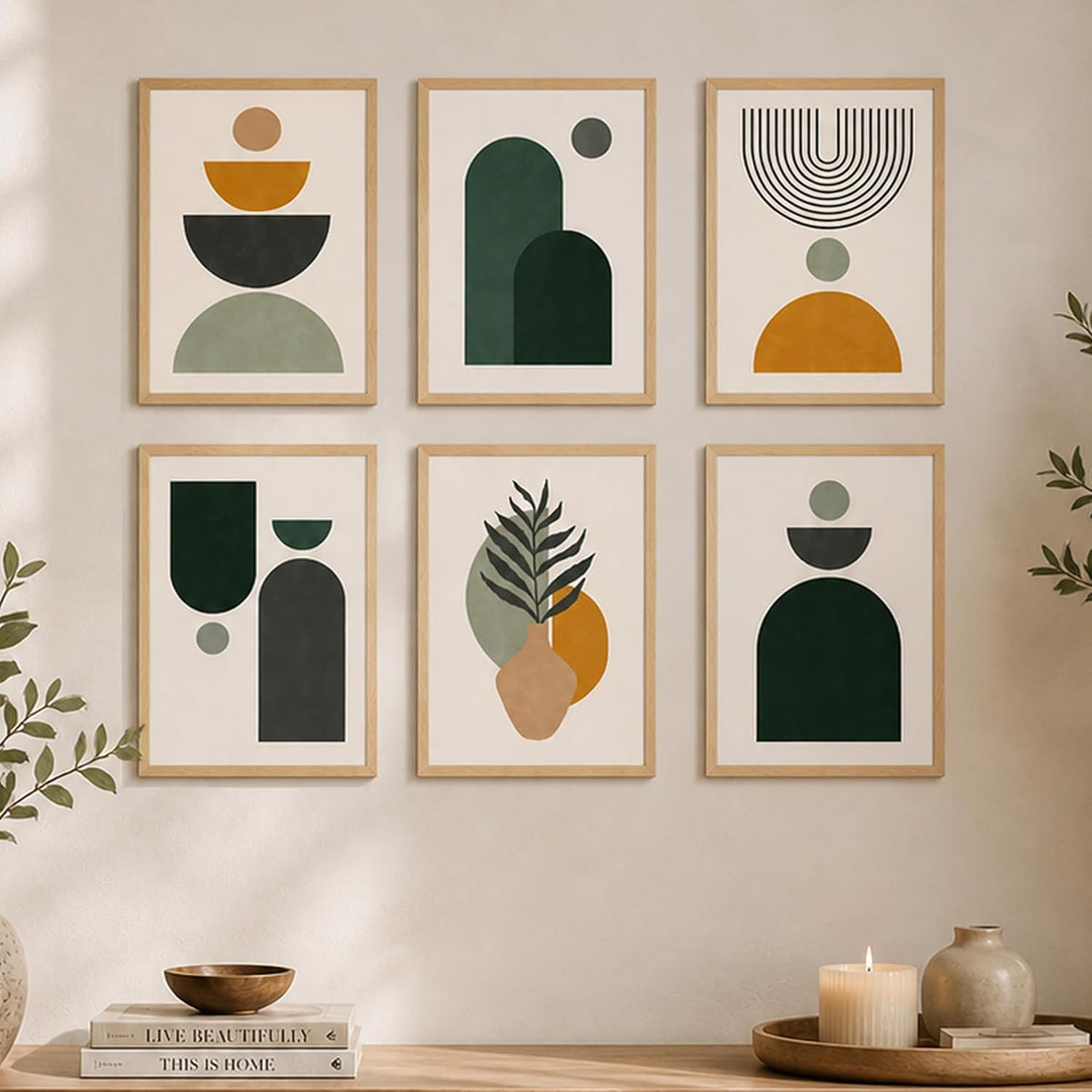 Boho Desert Framed Painting Wall Art Set of 6 | Sun, Moon, Botanical & Abstract Prints | Warm Earth Tones | Engineered wood Frame Wall Décor, (Size: A3)