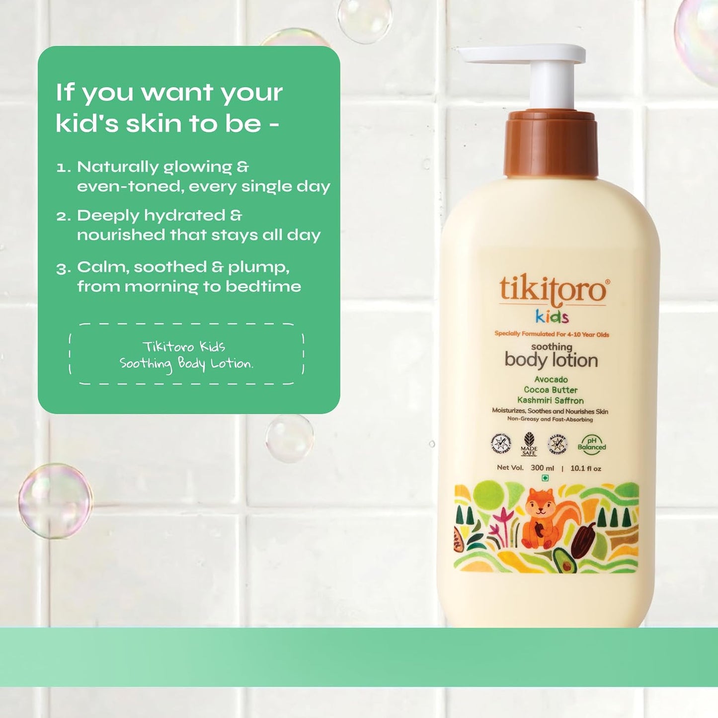 Tikitoro Kids Soothing Body Lotion | Pediatrician Approved | Moisturizes, Soothes & Nourishes Skin |100% Vegan with Avocado, Cocoa Butter, Kashmiri Saffron Extract |Daily Use (Age: 4+ Years) (300 x 1)