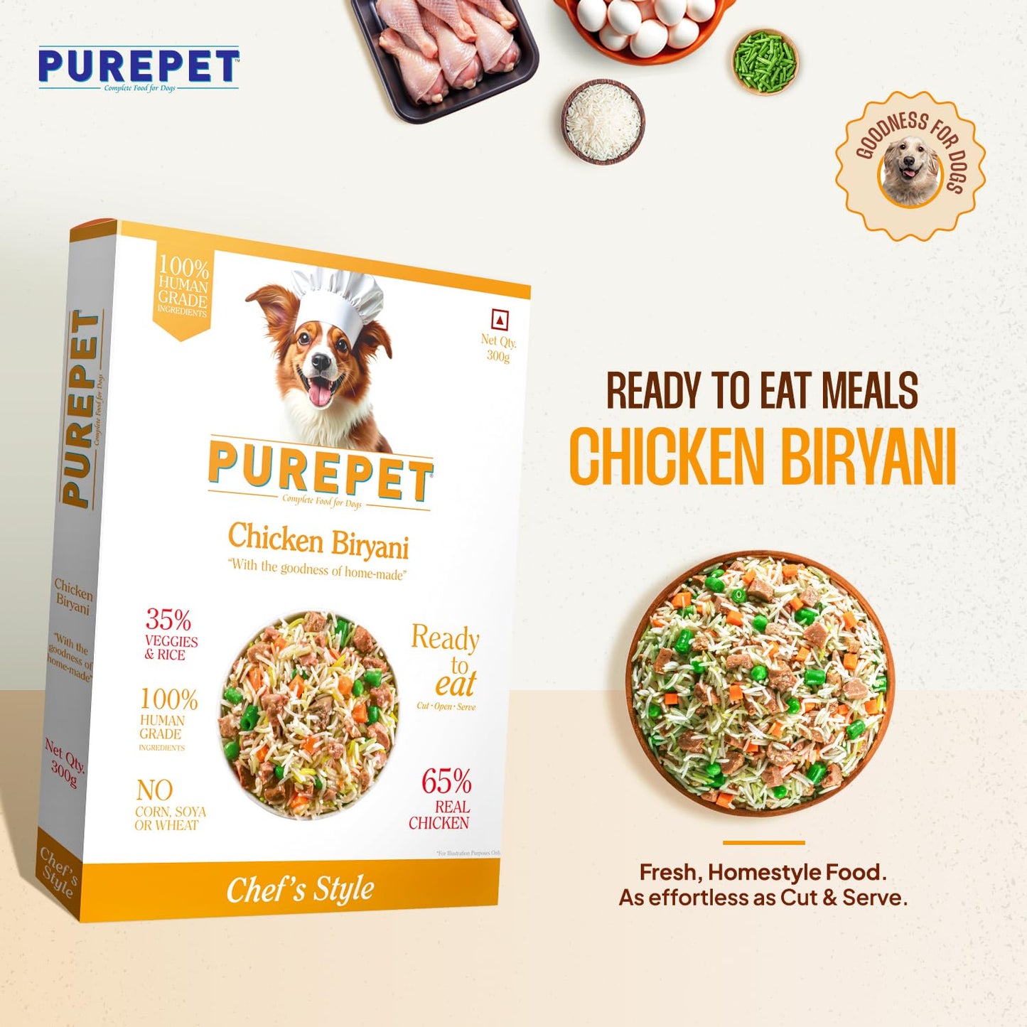 Purepet Fresh Dog Food Chicken Biryani, for Adult & Puppy, 300gm | High Protein, 65% Real Chicken, 35% Veggies & Rice | No Preservatives | Ready to Serve | All Breeds | One Pack One Meal