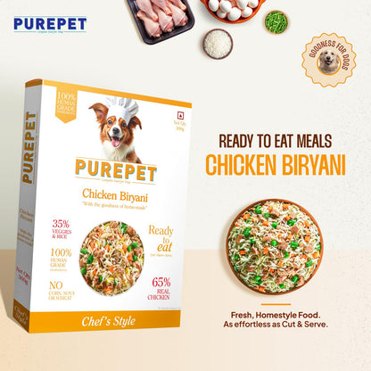 Purepet Fresh Dog Food Chicken Biryani, for Adult & Puppy, 300gm | High Protein, 65% Real Chicken, 35% Veggies & Rice | No Preservatives | Ready to Serve | All Breeds | One Pack One Meal