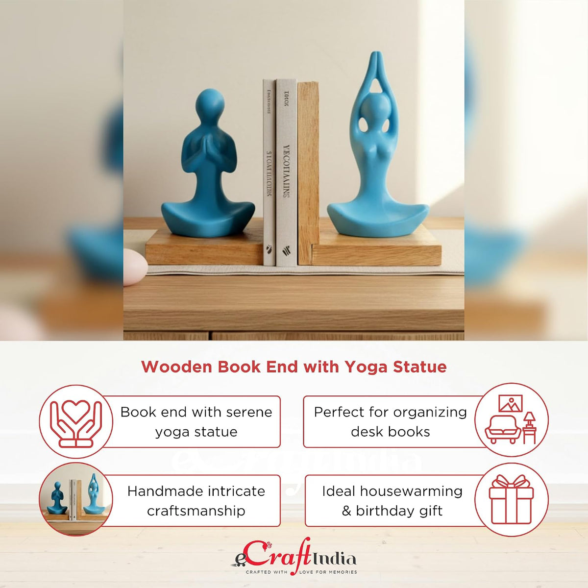 eCraftIndia Wooden Book End and Yoga Statues Showpiece for Home Decor Office Table | Gift for Housewarming Birthday