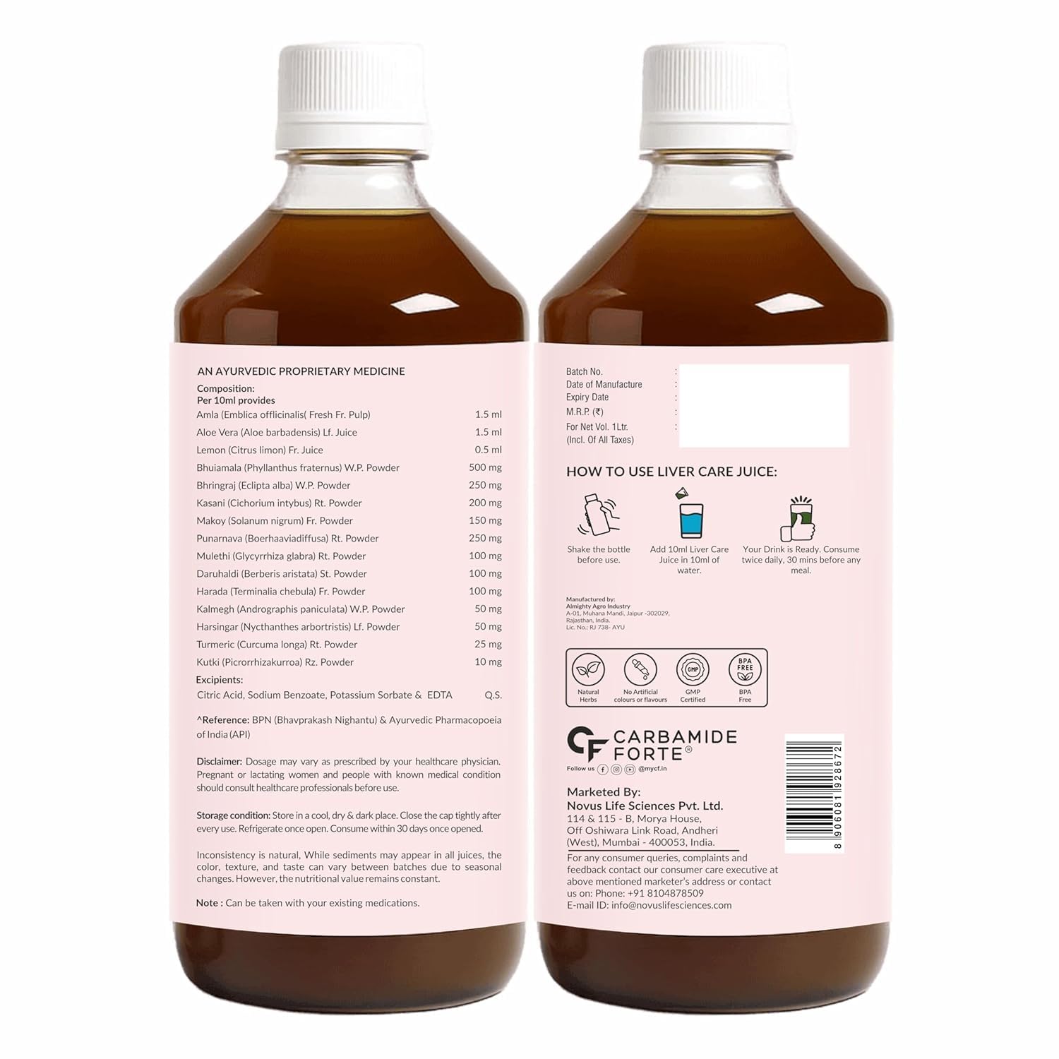 Two bottles of Carbamide Forte liver care juice with labels on a white background
