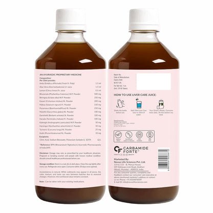 Two bottles of Carbamide Forte liver care juice with labels on a white background