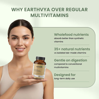Earthvya Wholefood Multivitamins 1000mg | Plant-Based Daily Nutrition Supplement | Zero Chemicals & Additives | Natural Energy, Immunity & Strength Support | 60 Veg Capsules