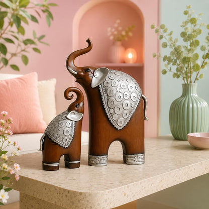 Thai Style Elephant Figurines Mother & Child Elephant Fengshui Resin Sculptures for Home Decor Ornament - (Set of 2, Brown)
