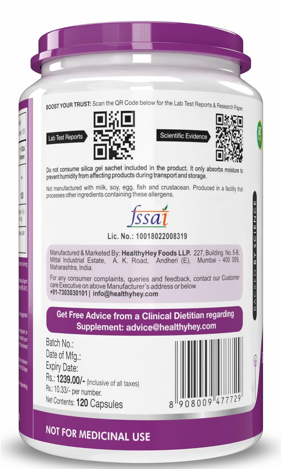 Back label of a supplement container with purple lid and white body, featuring text and a QR code.