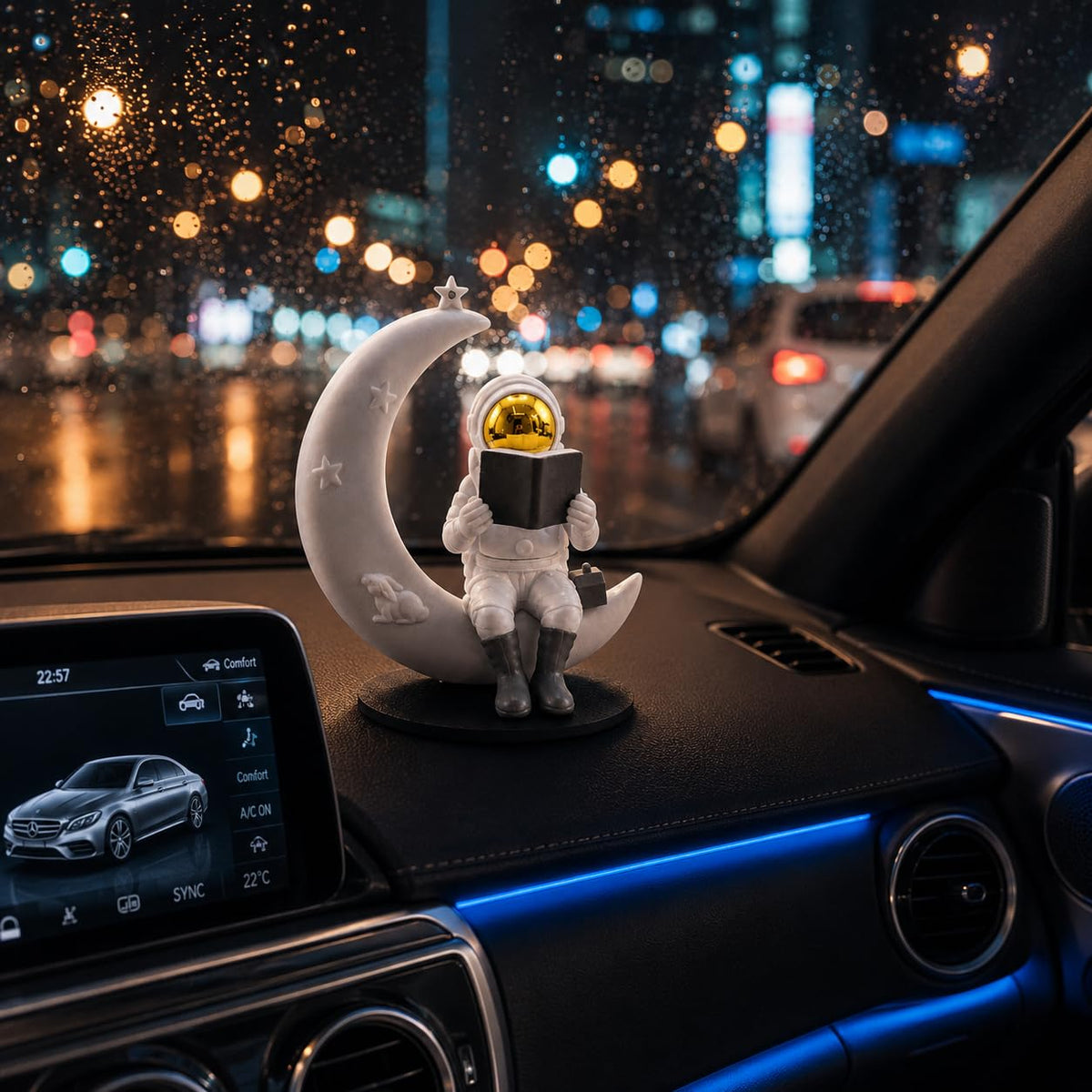 Astronaut Figurine Showpiece for Home Décor, Office Desk, Car Dashboard & Table Decoration | Space Astronaut Statue Collectible Gift for Home, Room & Workspace (Reading on Moon Golden)