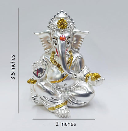 Gold Art India Matte Silver Plated Gaddi Ganesh Idol For Car Dashboard Small Ganesha Murti Ganpati Idol For Home Decor Puja Lord Ganesh Statue Gift For Office Desk Puja Room Figurine