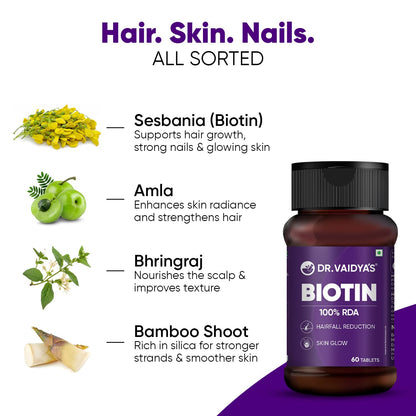 Dr. Vaidya’s Biotin Tablets for Hair Growth | Ayurvedic Hair Vitamins with Amla, Bhringraj & Bamboo Shoot | Natural Biotin Supplements for Hair Regrowth, Thinning Hair, Skin Glow & Stronger Nails (60 Tablets)