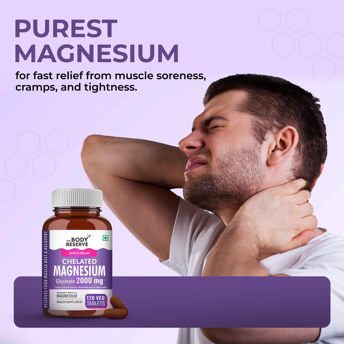 Man with muscle pain holding his arm, with a bottle of Body Reserve Chelated Magnesium on a purple background.