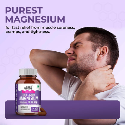 Man with muscle pain holding his arm, with a bottle of Body Reserve Chelated Magnesium on a purple background.