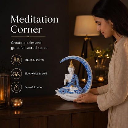 10 Inch 3D Resin Meditating Buddha Statue with Blue Crescent Moon | Lucky Buddha Idol for Home Decor, Living Room, Office Desk & Spiritual Gift Item