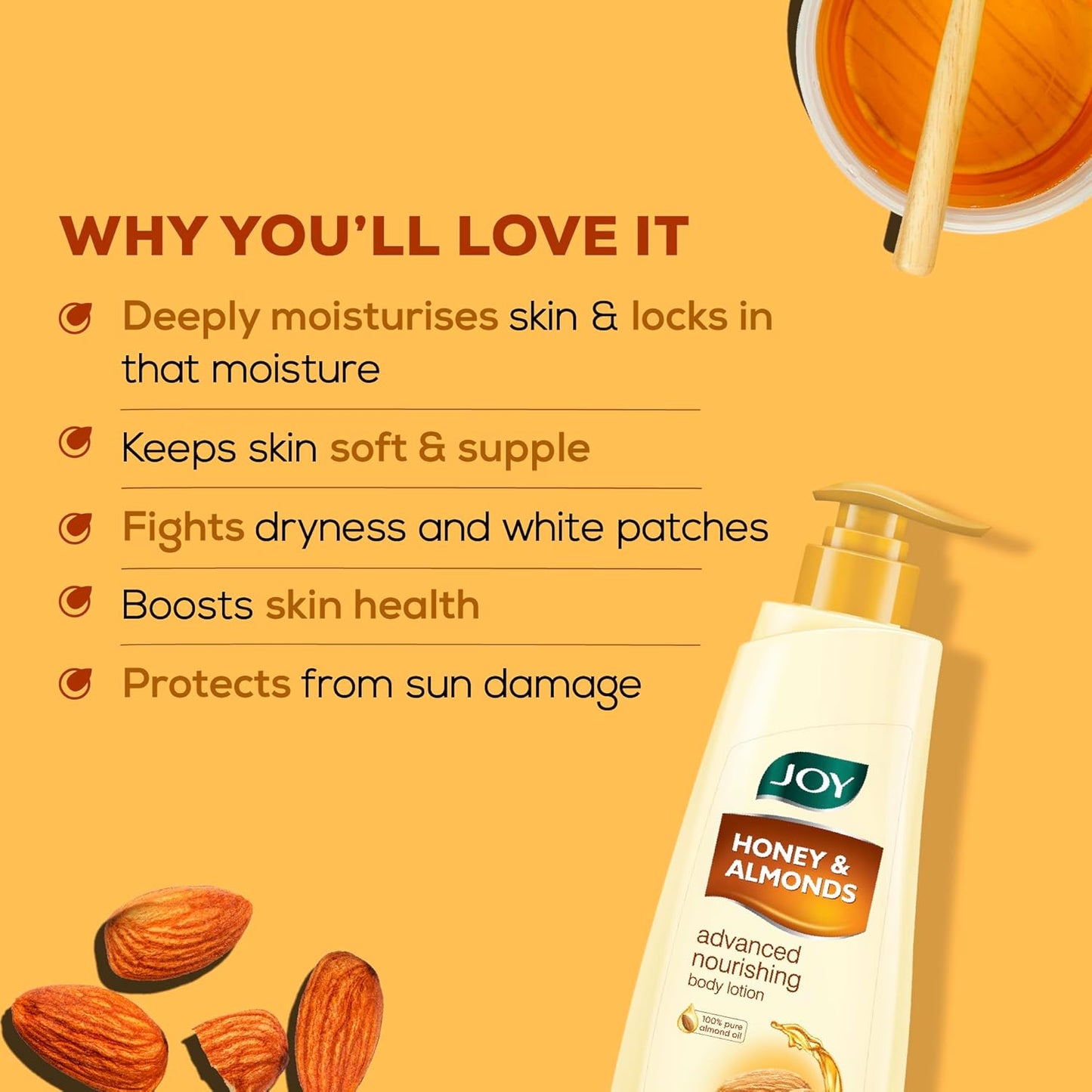 Joy Honey & Almonds Advanced Nourishing Lightweight Winter Body Lotion 500ml | Enriched With Shea Butter | Natural Sunscreen Filters | Suitable for Normal to Dry Skin
